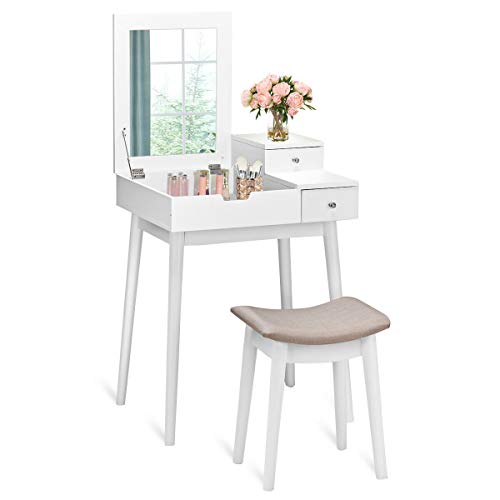Vanity Dressing Table Set, Flip Mirror Writing Desk, Home Room Furniture Makeup Vanity Set, Stool Included, by Waterjoy