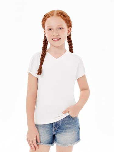 Image of Haloumoning Girls V Neck T-Shirts Kids Summer Swiss Dot Short Sleeve Tops Cute Fashion Tees 5-14 Years