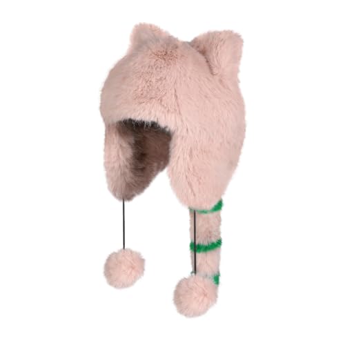 Kids Faux Fur Raccoon Tail Hat Hooded Warm Full Hood Trapper Hat Windproof Furry Cute Winter Outdoor Cap with Pompom