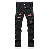 GHYYHG Men's Ripped Patch Elastic Jeans Fashion Slim Fit Regular Denim Pants(30,238006 Black Red)