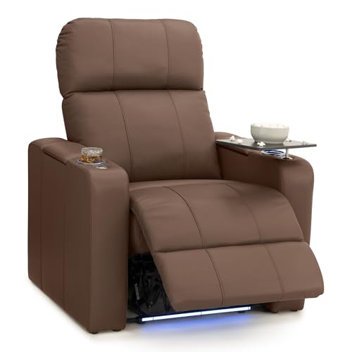 Image of Seatcraft Monterey Tobacco Italian Leather Home Theater Seating, Zero Gravity Power Recliner, Gaming and Home Office Chair, Powered Headrest Furniture for Family Cinema Room, Single Recliner