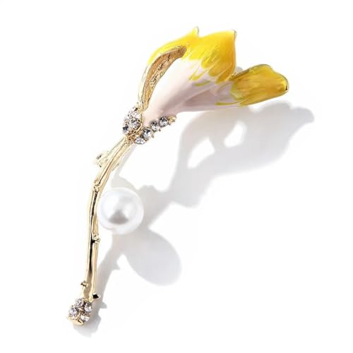 Magnolia Broche fleur de tulipe jaune perle pour femme, Pierre Verre Pierre Émail Verre, Zircone cubique Agate Obsidienne
