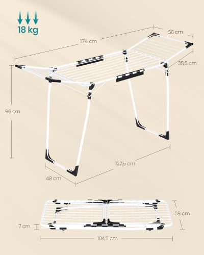 Miniatura 6 de Songmics Tendedero De Pie, 56,5 X 173 X 96,5 Cm, Tendedero De Alas Para Ahorrar Espacio, Con Soporte Para Calcetines, Metal, Para Ropa, Toallas, Lavandería, Blanco Llr518w01