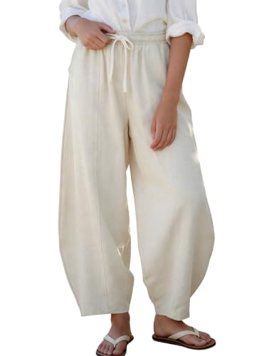 Womens Cotton Linen Pants Wide Leg Casual Baggy Barrel Trousers