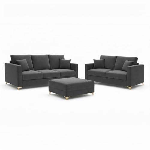 Image of Rich Velvet Suede Sofa | Spacious Soft Touch Comfort Seating | Modern Sofa for Living Room (Dark Grey, Hayes, 3 + 2 Seater Sofa + Ottoman)