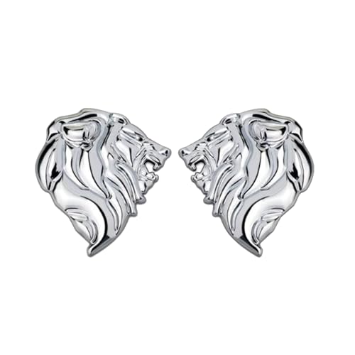 Image of 2PCS Lion Head Metal car Emblem 3D Animal Decoration Metal car Badge Rear car Tail Decoration Sticker (Silver)