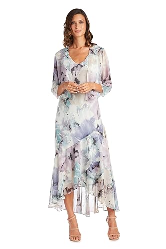 R&M Richards Elegant High Low Ruffle Floral Print Chiffon Dress W/ 3/4 Sleeve Sheer Coordinating Bolero