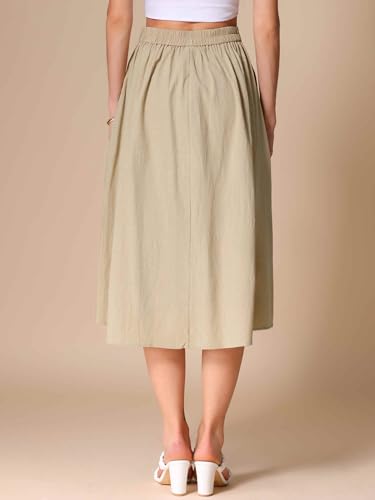 Allegra K Cotton Midi Skirt for Women's Summer Casual Button Decor Elastic Waist A-Line Skirts with Pocket3