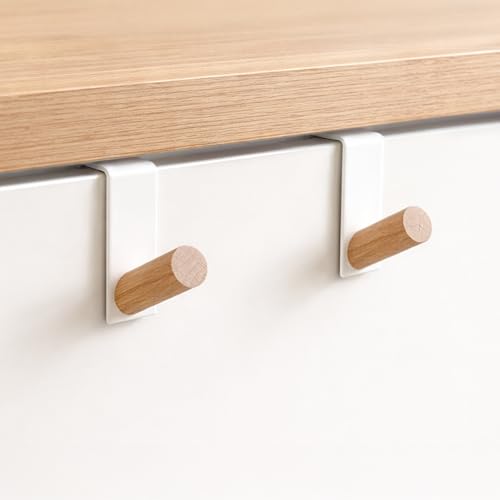 BYMARUE Modern Kitchen & Bathroom Cabinet Drawer Over The Door Hanger Hooks - Matte White Coated Steel and Natural Beech Wood Pegs (2 PC)