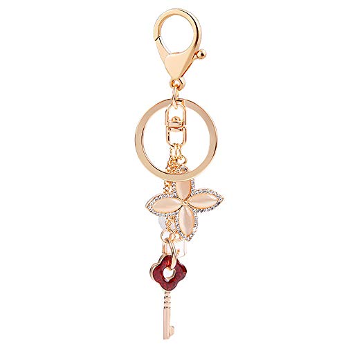 YONGYAN Fashion Four-Leaf Clover Keychain Rhinestone Cute Keychain Purse Bag Buckle Pendant Car Keyring for Women (Red), length 5.5 inch
