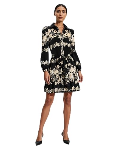 Anne Klein Womens Long Sleeve Tiered Printed Satin Shirt Dress