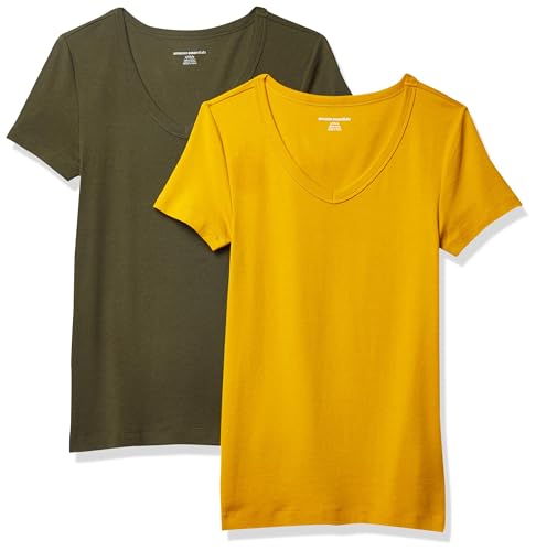 Amazon Essentials Damen Kurzärmeliges T-Shirt mit V-Ausschnitt, Schmale Passform, 2er-Pack, Gold/Olivgrün, S