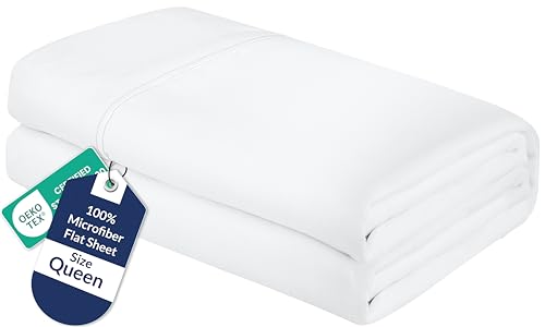 Royale Linens Queen Flat Sheet - Ultra Soft Brushed 1800 Microfiber Flat Sheets Only - Wrinkle Free & Stain Resistant - Hotel Quality Top Sheet for Bed (Queen, White)