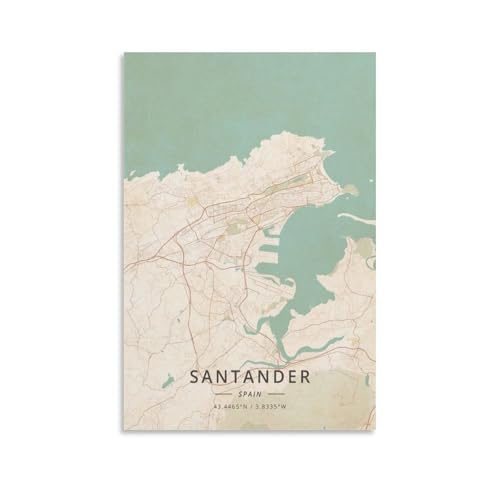 ZJLAMZ Santander Spain Map Poster Vintage Print Art Wall Decoration Poster Family Bar Restaurant Garage Cafe Art Sign Gift Unframe 12x18inch(30x45cm)