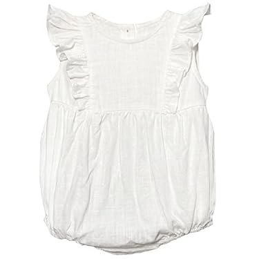 AMAZON - Y·J Back home Baby Girl Beige Onesie Cotton Linen Sleeveless Romper With Ruffles Summer One Piece Outfit Off White Bodysuit, 6-12 Months