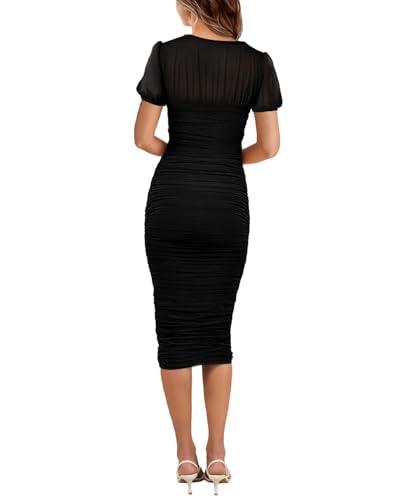Aisbei Women's Sexy Ruched Bodycon Midi Dress Puff Sleeve Square Neck Mesh Cocktail Party Wedding Dresses2