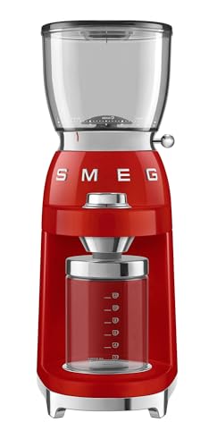 SMEG CGF11 Retro-Style Coffee Grinder &ndash; Burr Mill with 30 Grind Settings, Stainless Steel Conical Burrs, Removable Hopper &ndash; Precision Countertop Grinder for Espresso, Drip, French Press-Red