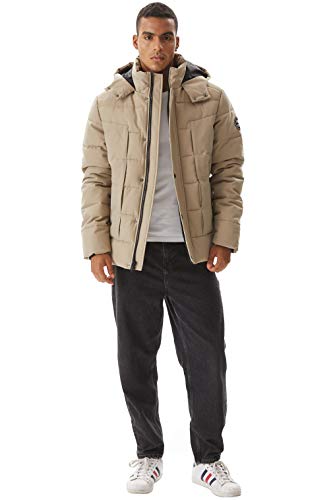 Molemsx Men's Down Alternative Jacket Insulated Expedition Mountain Thicken Lined Fur Hooded Long Anorak Parka Padded Coat Mens Jackets Winter,Beige,X-Small #TOP2