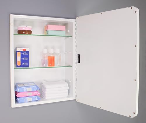 Image of 16x20 Austin Farmhouse Metal Framed Rounded Rectangle Recessed Bathroom Medicine Cabinet, Beveled Mirror, 14x18 in-Wall Opening, powder-coated Steel, Adjustable Glass Shelves, Magnet Close, White