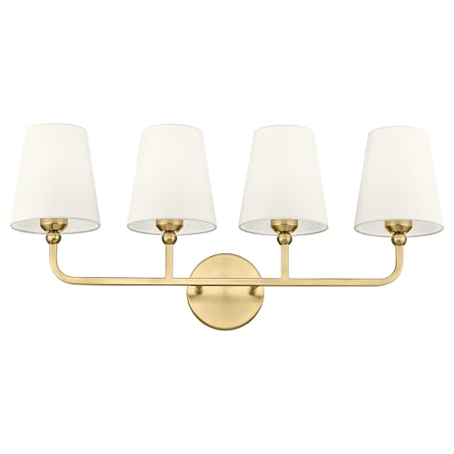 Image of 4-Light Bathroom Light Fixtures, Brushed Gold Vanity Lights with Flared Beige Fabric Shade, 28 Inch Wall Sconce, Vintage Sconces Wall Lighting for Hallway Bedroom, VL837-BG-B-4