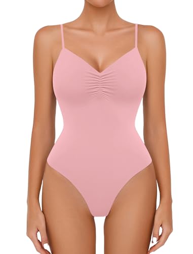 Avidlove Body Suits for Womens Sexy Ruched V Neck Thong Bodysuit Backless Sleeveless Double Lined Cami Body Suit Top Light Pink L