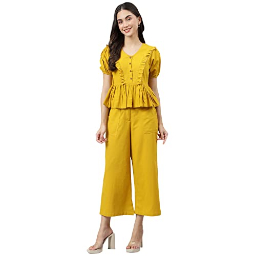 Image of DEEBACO Women's Solid Calf Length Top with Trouser|V-Neck|Short Sleeve|Cord Set for Women Cotton|Jumpsuits Western Dress for Women Stylish|Two Piece Co ord Set|Party Casual Wear(Aqua Blue)