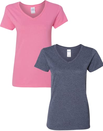 T-shirt col V Gildan pour femmes, coton lourd, paquet de 2, 3XL-Azalée-marine chiné