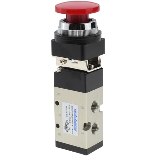 PRO SOURCE Manual Mechanical Air Valve: Red Button Spring Actuator, 1/8 NPT, 5-Way, 2-Position