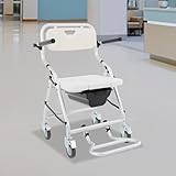 Toilettenstuhl für Senioren, 3-in-1 klappbar Duschstuhl mit Rollen, Armlehnen, Fußstütze & abnehmbarem Toiletteneimer für Patienten und Behinderte, Tragfähigkeit bis 150kg