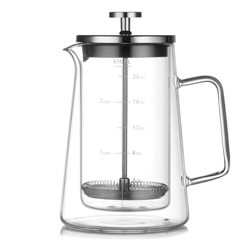 UDSKNV[KSL Cafetera de Prensa Francesa de 650 Ml - Tetera de Vidrio de Borosilicato de Doble Pared, Cafetera con Filtro