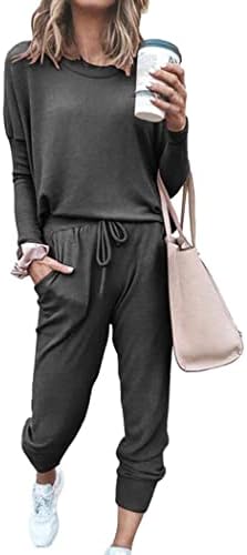 PRETTYGARDEN Women's 2023 Fall Two Piece Outfit Long Sleeve Crewneck Pullover Tops And Long Pants Tracksuit (Dark Grey,Medium)