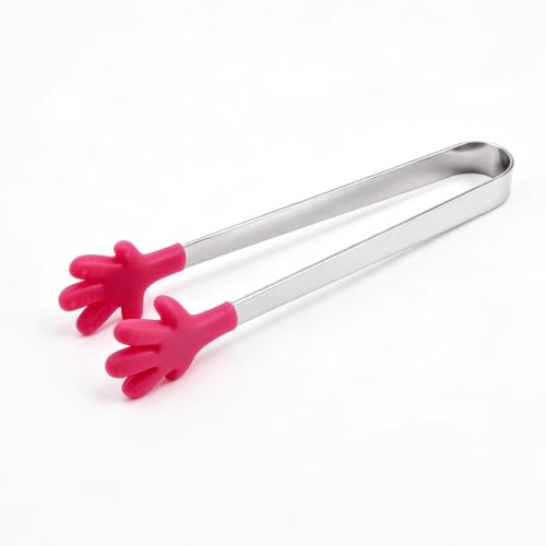SEIWEI Small Mini Silicone Tongs, 5.1 Inch Hand Shape Food Tongs for Serving Food, Kids Funny Tiny Snack Candy Appetizer Ice Serving Tongs for Fruits, Sugar, Barbecue Kitchen Gadget, Party (Rose red)