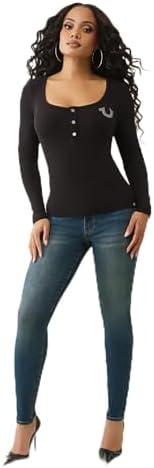 True Religion Damen Geripptes Henley, Schwarz, S