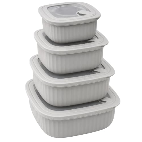 Set of 4 BPA-Free Square Food Storage Containers Assorted Sizes, Microwave & Freezer Safe Nesting Design for Leftovers Meal Prep Fridge Organization Dry Grains (Gray)
