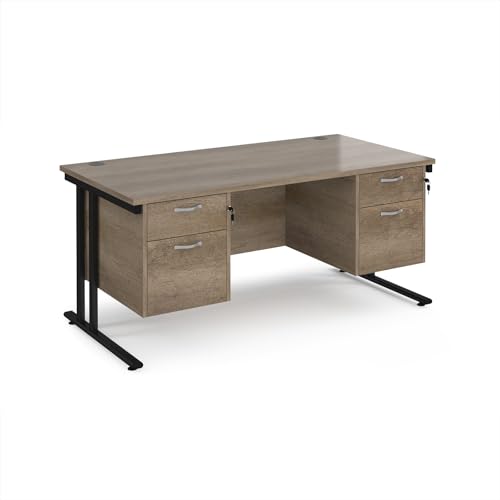 Image of Mr Office Maestro 25 straight desk 800mm deep with two x 2 drawer pedestals - black cantilever leg frame, Nebraska Oak, 1600