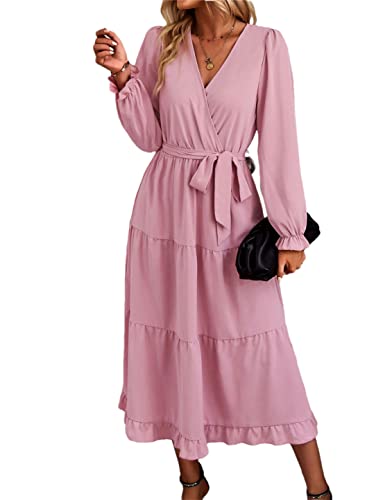 Robe midi décontractée rose à col en V et manches longues vintage pour femme en taille M