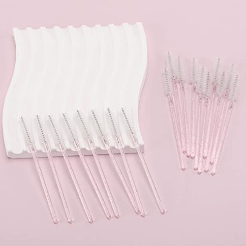 Image of Tbestmax 300 Pcs Disposable Spoolies, Mascara Wand Eyelashes Brushes Applicator for Eyebrow Eye Lash Extension Pink Stick White Head