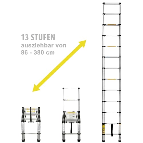 Eaxus® Teleskopleiter 3,8m - DIN EN 131 Aluminium Mehrzweckleiter Ausziehbar mit 13 Stufen, Silber