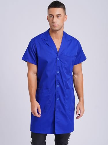 Image of Oyolan Unisex Wear Resistant Work Coat Lapel V Neck Short Sleeve Front Button Dustproof Jacket Lab Coat