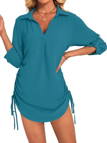 GKBK Women Swimsuit Coverup Bathing Suit Cover Ups for Swimwear Swim 2026 Summer Bikini Beachwear Drawstring Shirt Resort Wear Popular Items Beach Necessities Dress Mexico Vacation Clothes Cyan M — view 2
