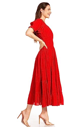 Image of Sakkas Cotton Crepe Smocked Peasant Gypsy Boho Renaissance Mid Length Dress