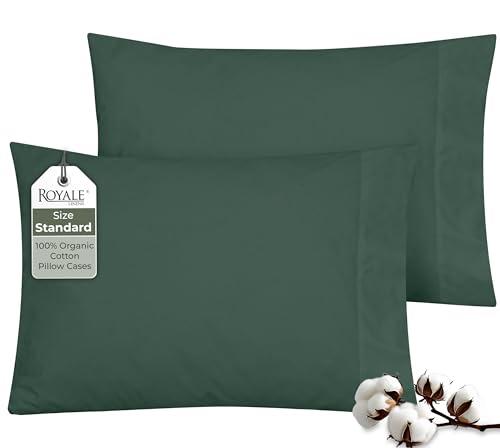 Image of ROYALE LINENS 100% Organic Cotton Percale Pillowcases Set of 2 - Standard Size Percale Pillowcase - Standard Set of 2 Pillow Cover - Breathable, Cool & Crisp Pillow Cases (20 inchx26 inch, Hunter Green)