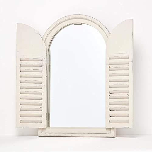 HOMESCAPES White Garden Mirror with Shutters Distressed Style Oval Top Garden Mirror Lightweight Traditional French Country Home Style Window Wall Mirror H 59 cm x W 37 cm