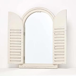 HOMESCAPES White Garden Mirror with Shutters Distressed Style Oval Top Garden Mirror Lightweight Traditional French Country Home Style Window Wall Mirror H 59 cm x W 37 cm