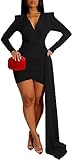 HugeNice Black Bodycon Dresses for Women Sexy Deep V Neck Wrap Mini Dress Long Sleeve Ruched Cocktail Evening Party Short Dress
