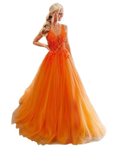 Dymaisei Lace Appliques Prom Dresses Long Floral V Neck Tulle Formal Dress A Line Backless Evening Gowns