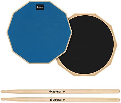 Donner 12 Inches Drum Practice Pad Silent Drum Pad Set Blue 2-Sided With Drum Sticks