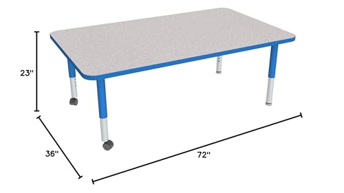 Image of Sprogs Adjustable Height Mobile Classroom Activity Table for Preschools, Rectangle Preschool Activity Table with Casters, 36 inchD x 72 inchW x 23 inchH, Gray /Blue