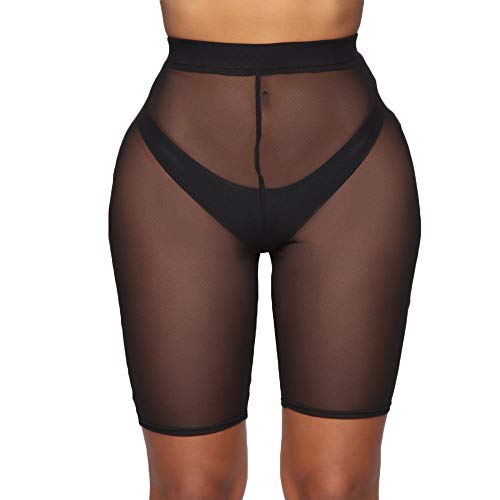 FULA-bao Women Sexy Perspective Mesh Sheer Swim Shorts Pants Bikini Bottom Cover up (Black, XL)