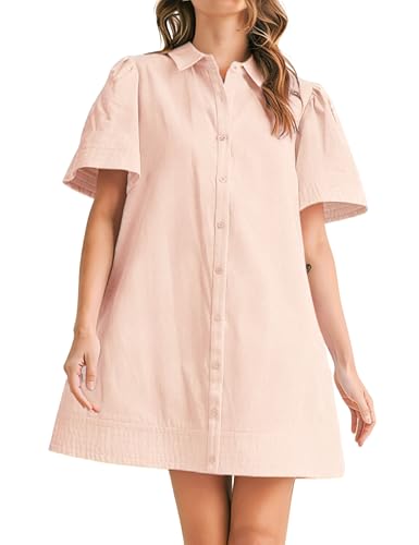 Image of Womens Short Sleeve Button Down Mini Shirt Dress Lapel Collar Short Dresses with Pocket